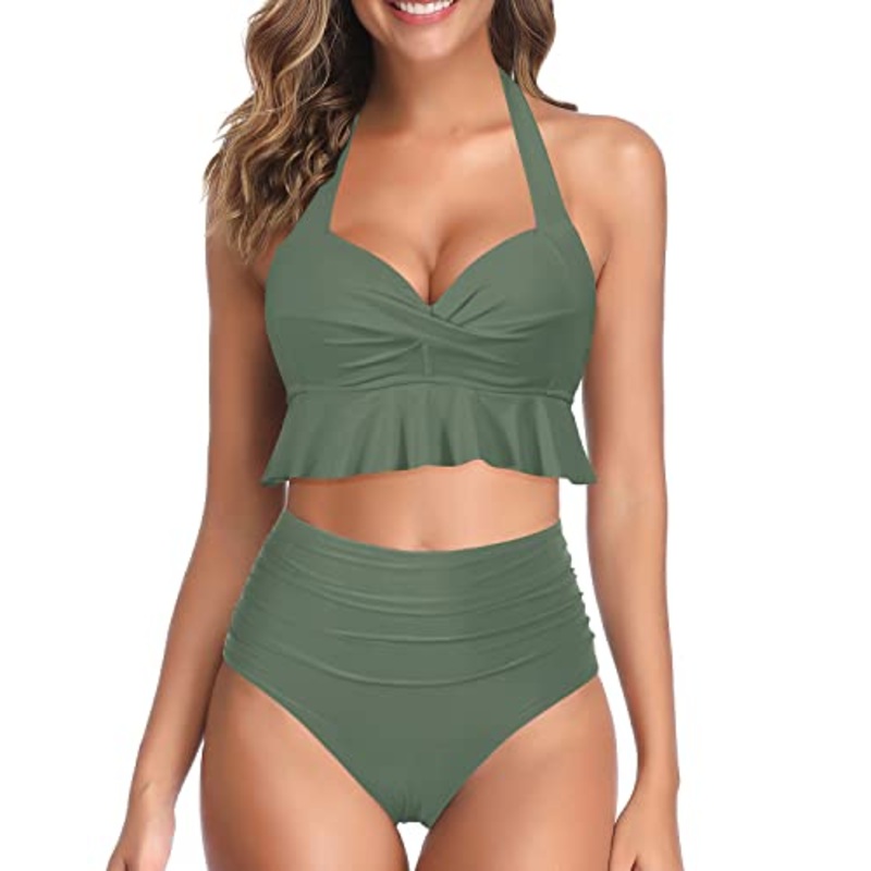 High Waisted Bikini Set Womens Tummy Control Swimsuits-Army Green