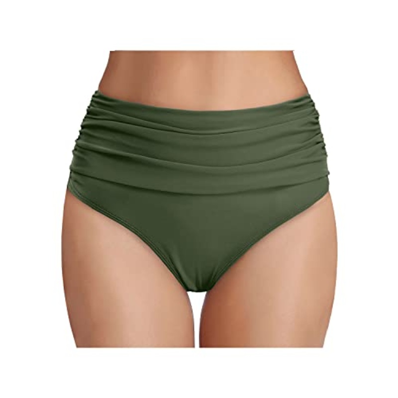 High Waisted Ruched Swim Shorts Tummy Control Bikini Bottom-Army Green