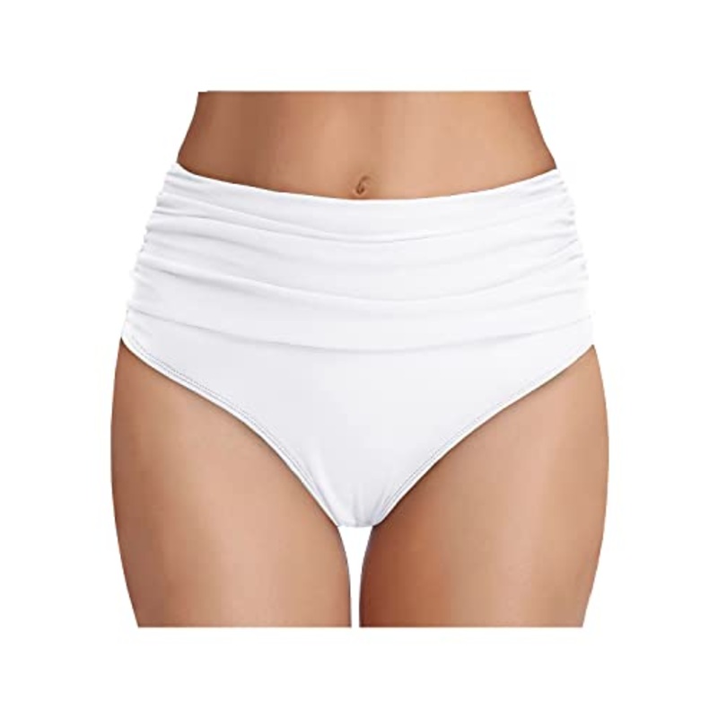 High Waisted Ruched Swim Shorts Women's Tummy Control Bikini Bottom-White