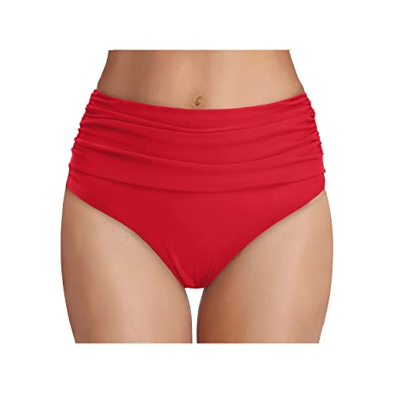 High Waisted Ruched Tummy Control Bikini Bottom For Women-Red