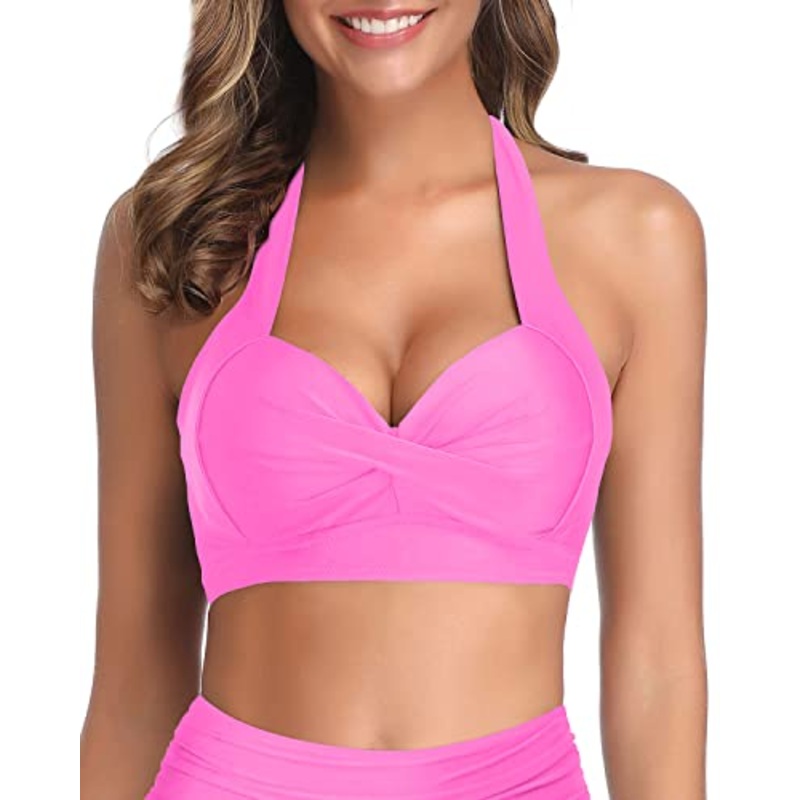 Padded Push Up Halter Bikini Top Only-Light Pink