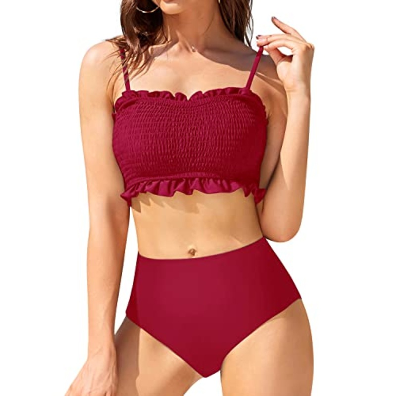 Push Up Bra Adjustable Shoulder Straps And Ruffled Bikini-Red