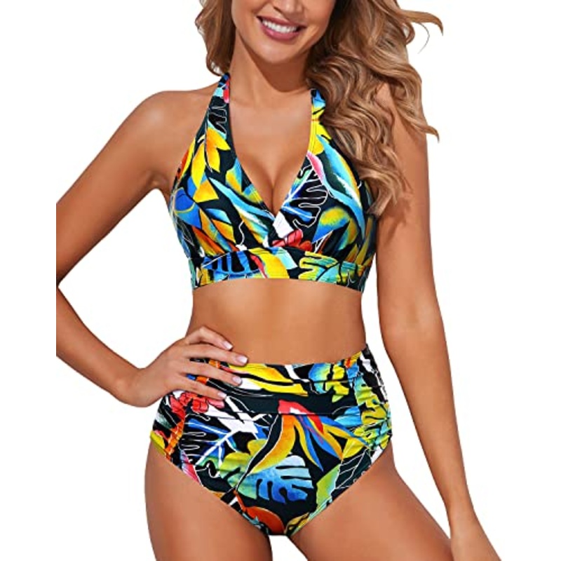 Push Up Halter Bikini Set Women's Bikini Swimsuits-Black Leaves