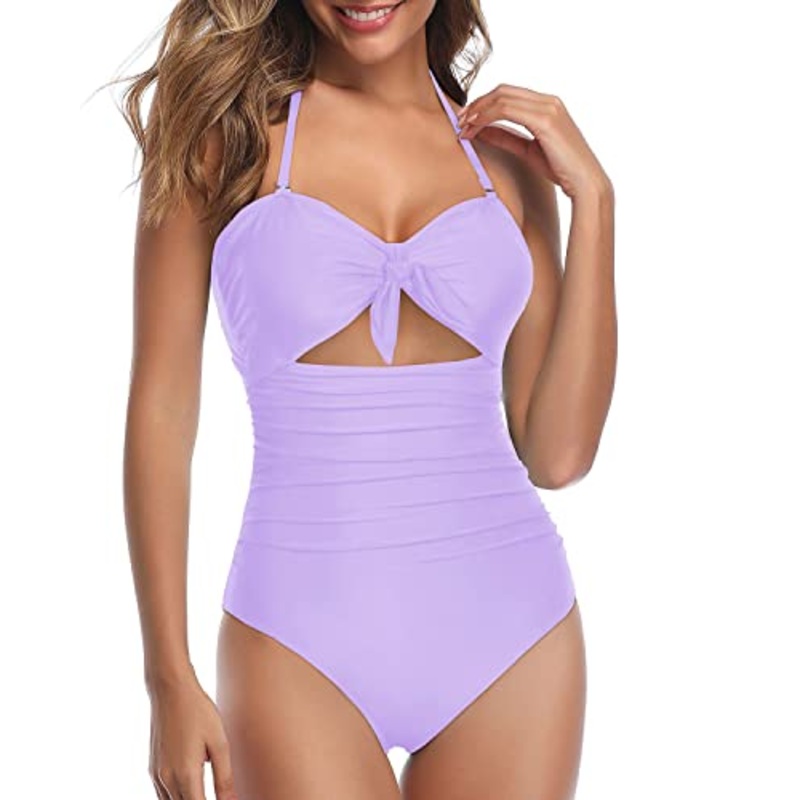 Removable And Adjustable Tummy Control One Piece Swimsuits-Light Purple