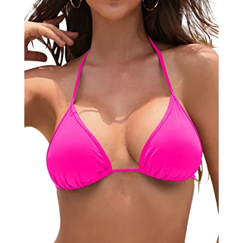 Removable Padded Halter Triangle Bikini Top String Bathing Suits Top-Neon Pink