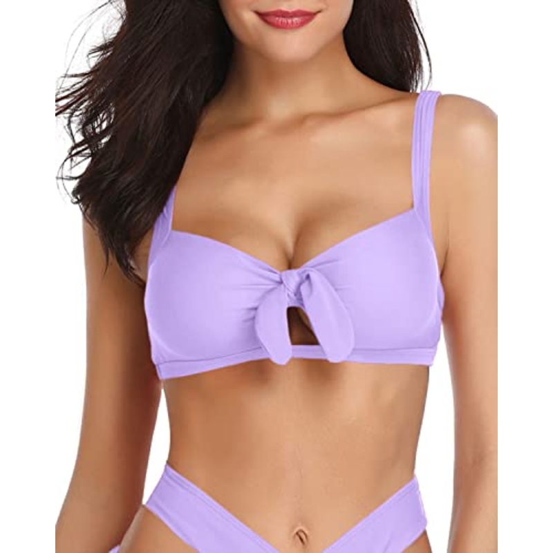Removable Soft Bra Paddings Ruffle Flounce Swimsuit Top-Light Purple