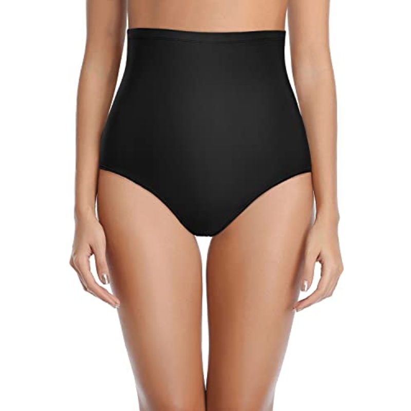 Retro Full Coverage Tummy Control High Waisted Swim Bottoms-Black