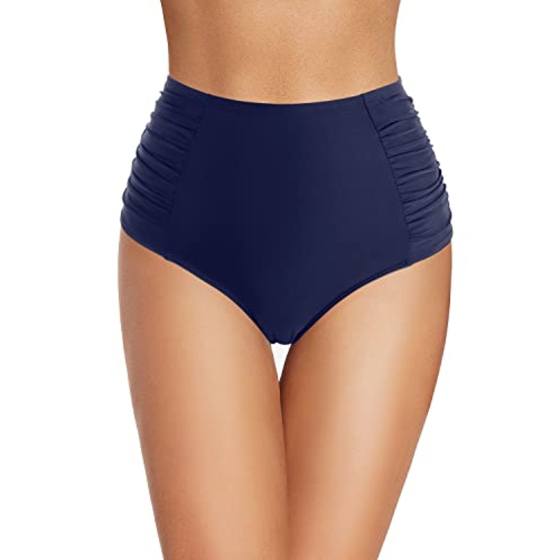 Retro High Waisted Bikini Bottoms Ruched Tummy Control Swimsuit Bottoms-Navy Blue