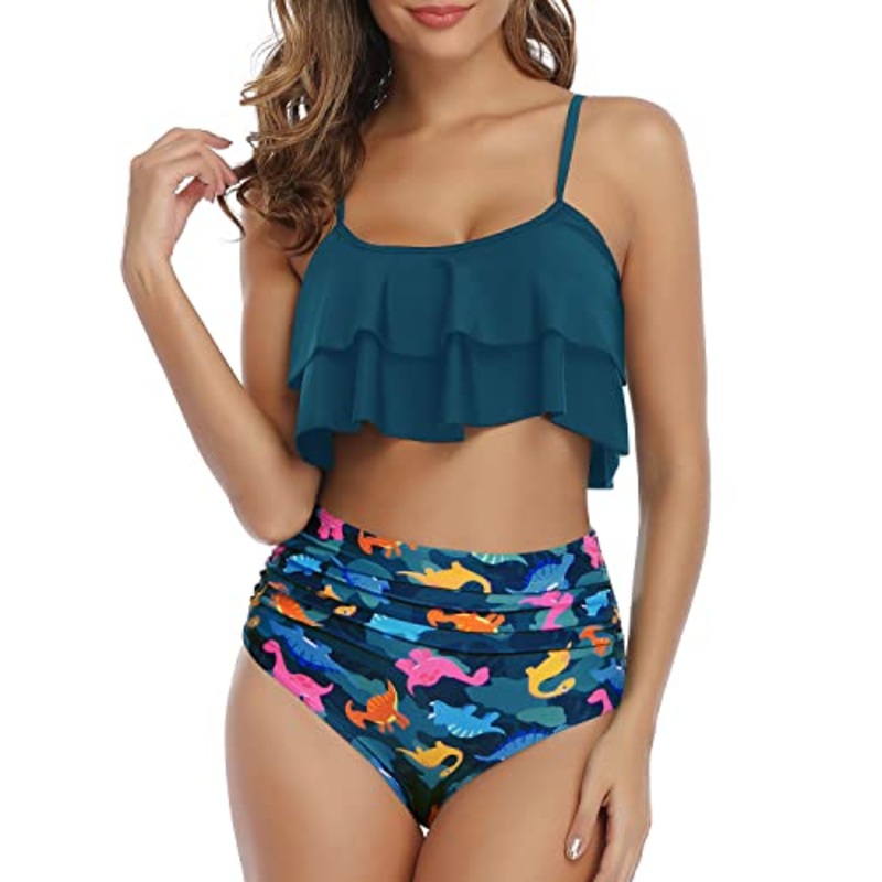 Retro High Waisted Ruffle Ruched Women's 2 Piece Bikini Set-Blue Green Dinosaur