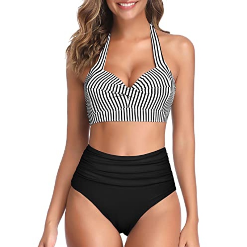 Retro Two Piece Highwaist Bikini High-Cut Legs Bathing Suit-Black And White Stripe
