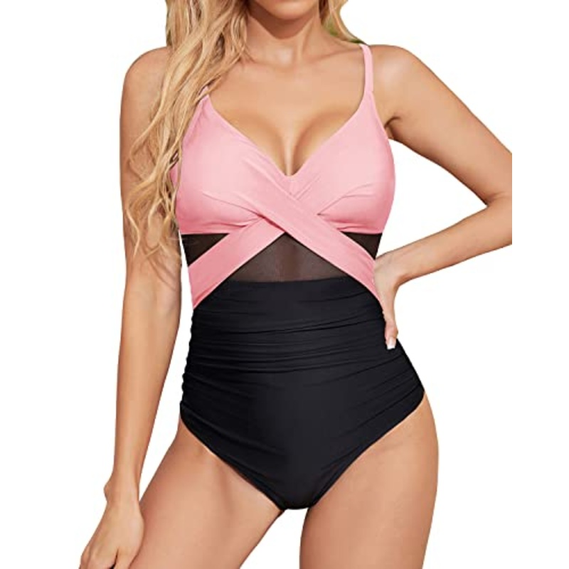 Ruched Cutout One Piece Swimsuit Mesh Detailing For Women-Pink And Black