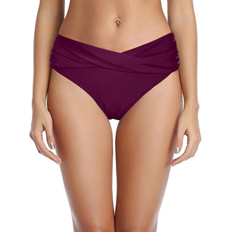 Ruched Swimsuit Bottom High Cut Bathing Suit Bottoms For Curvy Women-Maroon