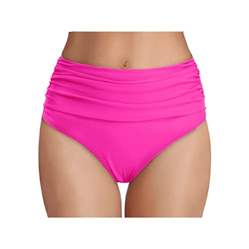 Ruched Tummy Control High Waisted Women's Bikini Bottom-Neon Pink