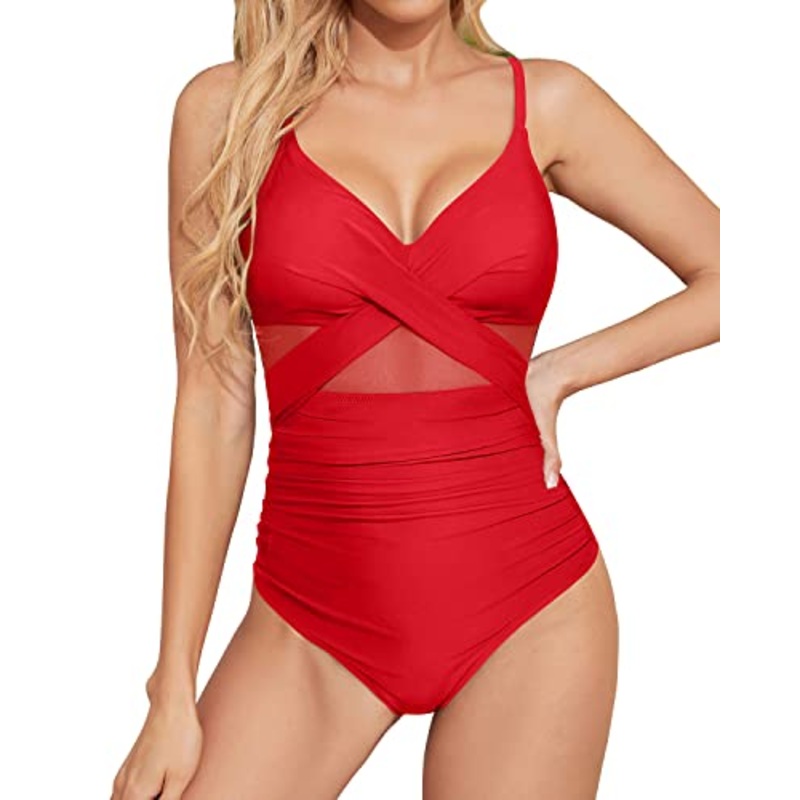 Sexy Cutout One Piece Swimsuit Ruched Tummy Control For Women-Red