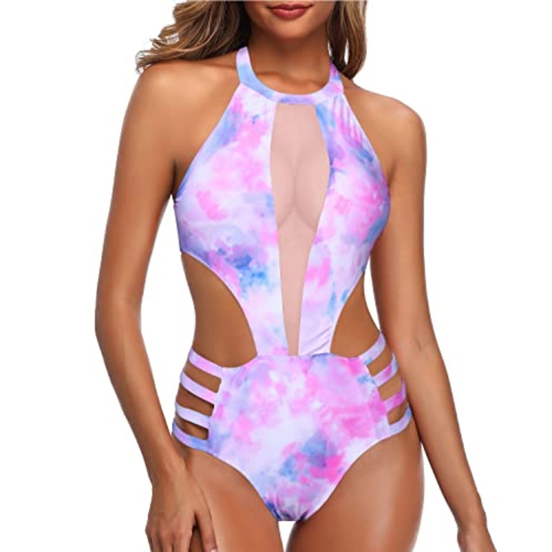 Sexy Mesh Patchwork Monokini High Neck One Piece Swimsuit-Color Tie Dye