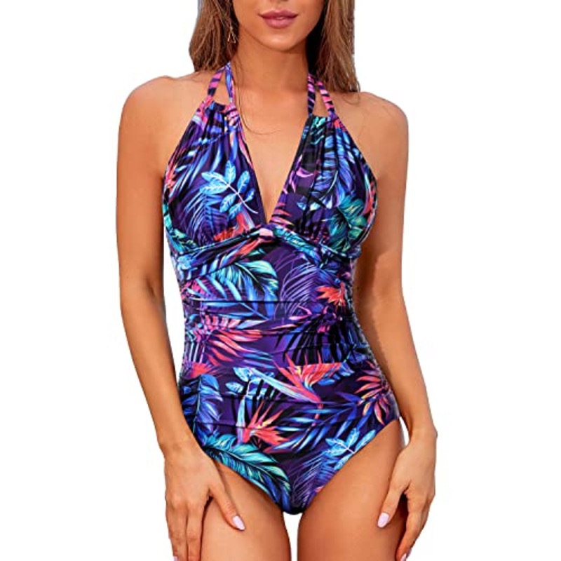 Slimming Bathing Suits Ruched Detail Backless Swimwear-Blue Leaves