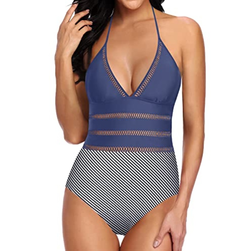 Slimming Silhouette Tie Monokini Halter One Piece Swimsuits-Blue White Stripe
