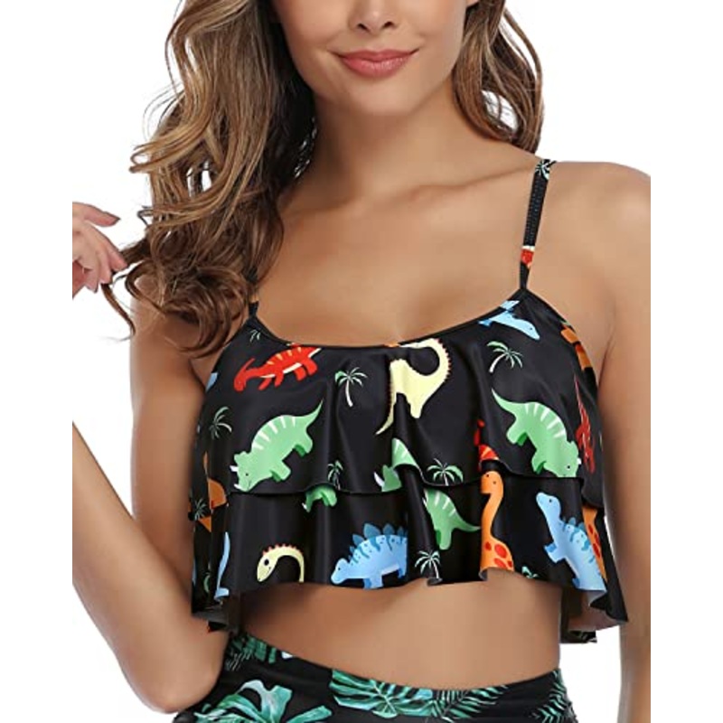 Spaghetti Strap Women Ruffle High Waisted Bikini Top-Black Dinosaur