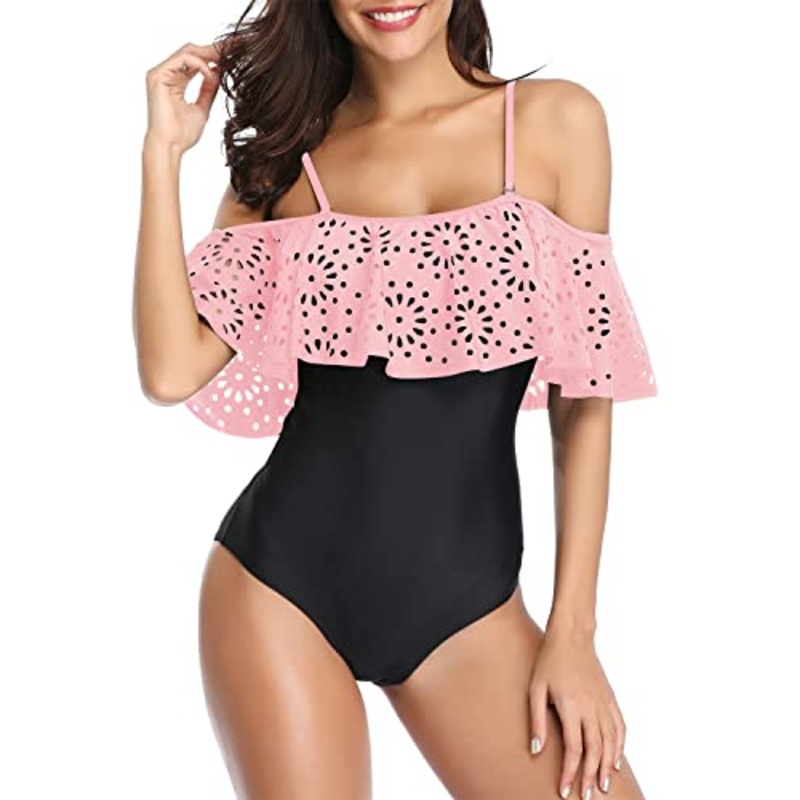 Strappy One Piece Swimsuit Push Up Bras Tummy Control Swimwear-Pink And Black