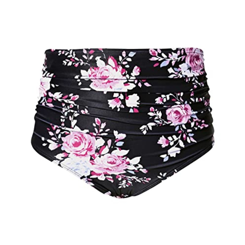 Stylish High Waisted Bikini Bottom Shirred Tankinis Brief-Black And Pink Floral