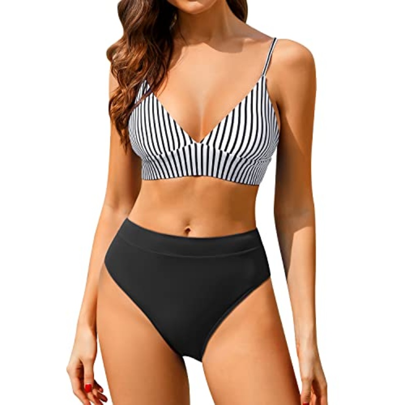 Stylish High Waisted Bikini Set Two Piece Triangle Bathing Suits-Black And White Stripe