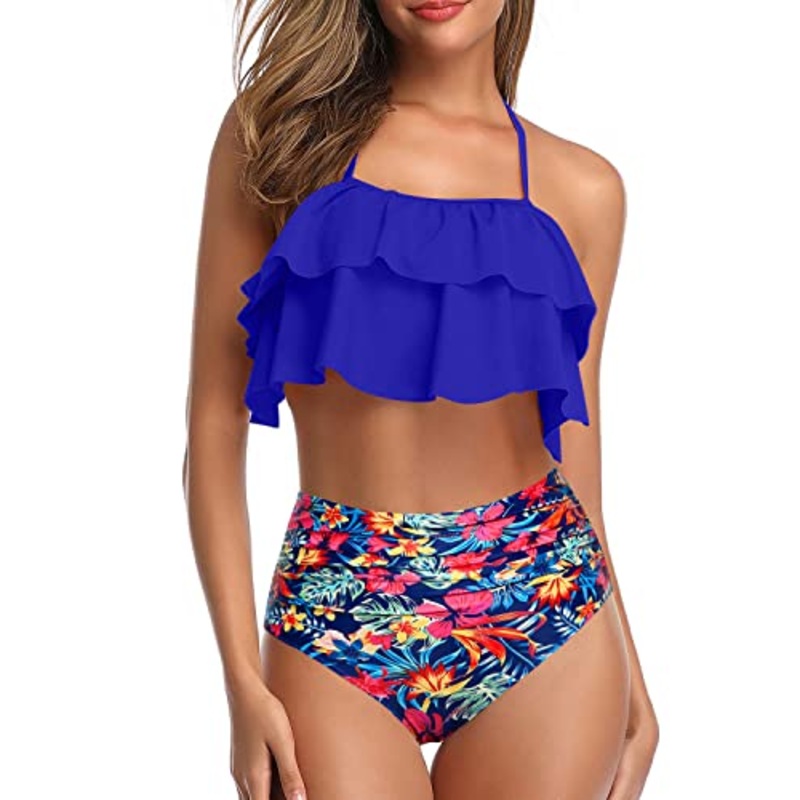 Stylish Two Piece High Waisted Bikini-Royal Blue Floral