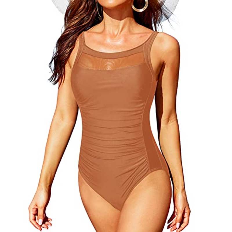 Stylish U Back Round Neck One Piece Swimsuits-Brown