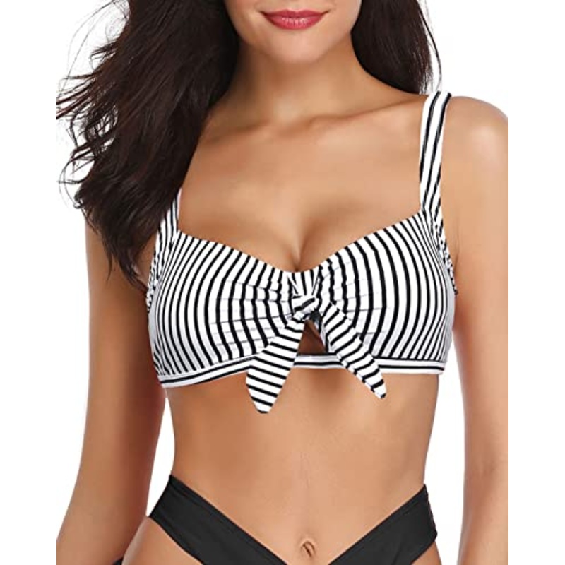 Supportive & Shaping Ruffle Flounce Swimsuit Top-Black And White Stripe