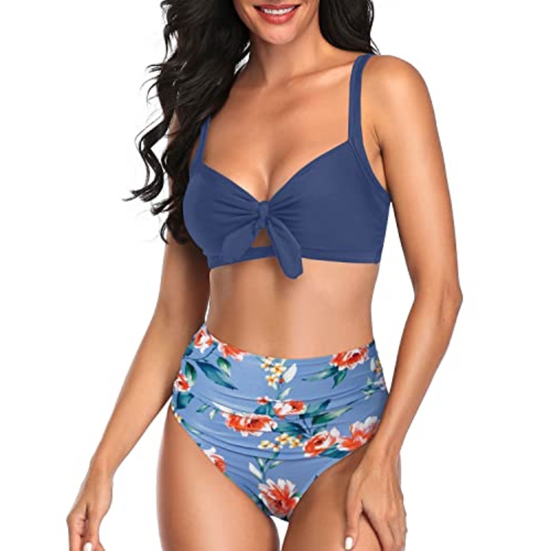Swimming Pool Two Piece Swimwear For Women Bathing Suits Bikini-Blue Flowers