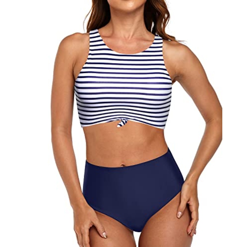 Tie Knot Front Bikini Set Sporty Two Piece Swimsuits-Blue White Stripe