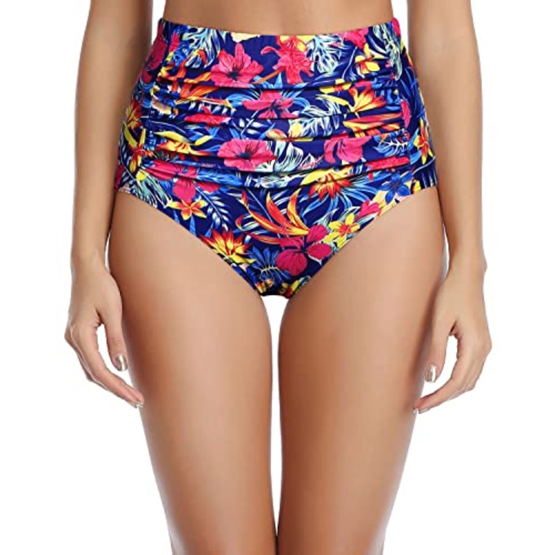 Tummy Control Effect Swim Bottom Ruched Bathing Suit Bottom-Flower