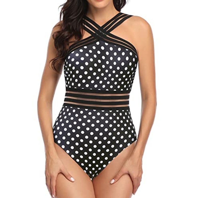 Tummy Control Mesh Panel Sexy One Piece Swimsuits-Black Dot
