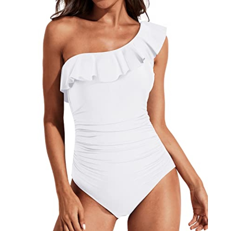 Tummy Control One Shoulder Ruffle One Piece Swimsuits-White