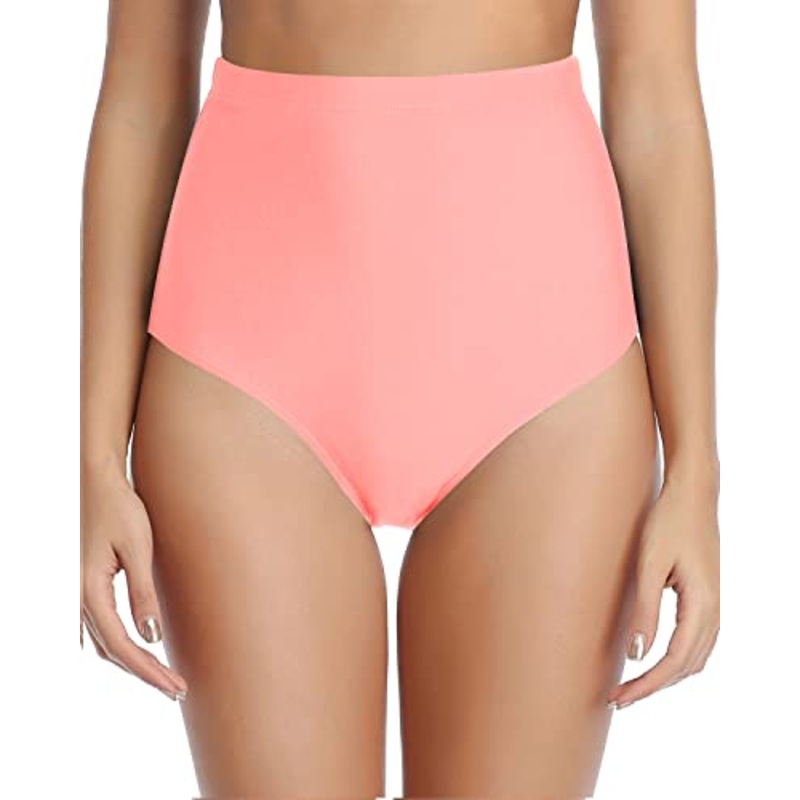 Tummy Control Retro High Waist Swim Bottoms-Coral Pink