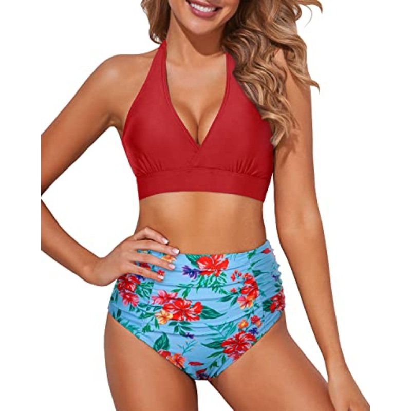 Tummy Control Two Piece Bikini Set Women's Bikini Swimsuits-Blue Flowers
