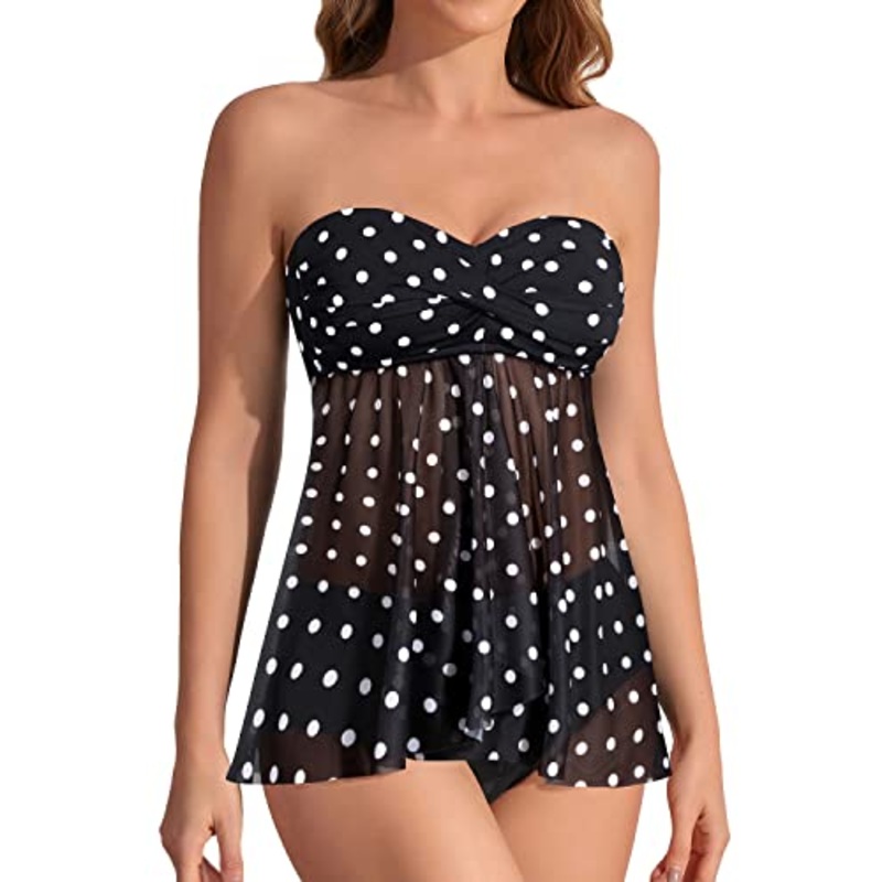 Two Piece Bandeau Strapless Tankini Swimsuits For Women-Black Dot
