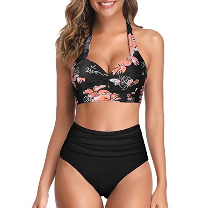 Two Piece Highwaist Bikini Adjustable Clasp Hook Closure Bathing Suit-Black Orange Floral