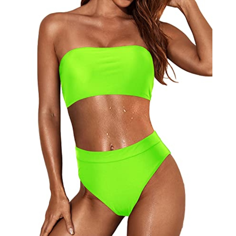 Visual Longer Legs Bikini Set Women Two Piece Bandeau Swimsuit-Neon Green