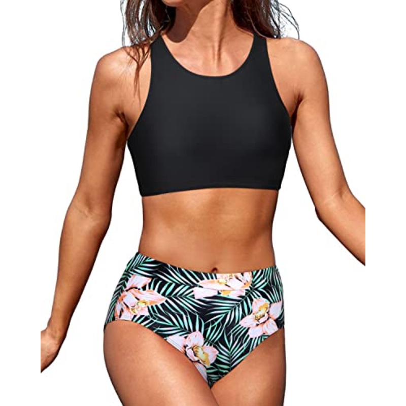 Women Adjustable Strap Removable Padded Bra Bikini Set-Black Floral