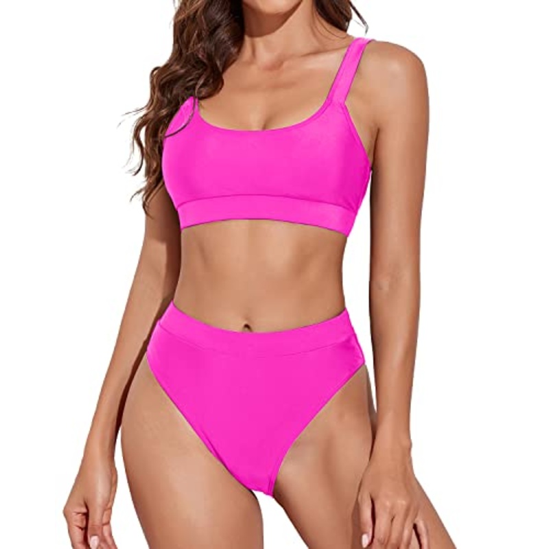 Women High Cut Cheeky Design Bikini High Rise Athletic Bikini-Neon Pink