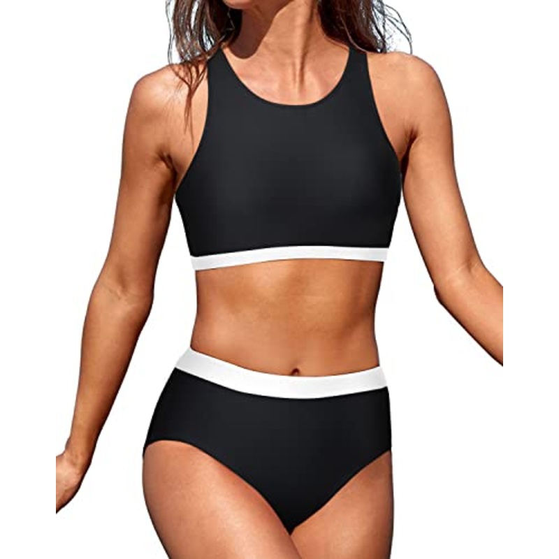 Women High Neck Crop Top Tummy Control Sporty Bathing Suits-Black And White