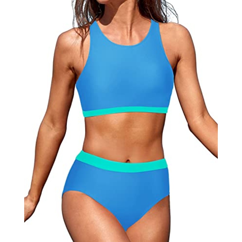 Women High Waisted Sporty Bikini Top Bottom-Light Blue And Light Green