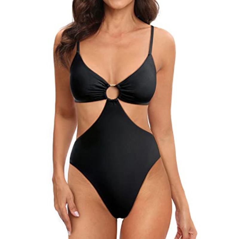Women One Piece Mesh Swimsuit High Neck Halter Cutout Monokini Swimwear-Black