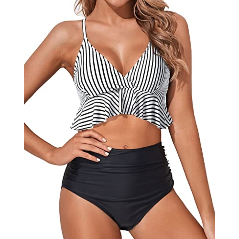 Women's Comfortable Beach Vacation Bikini Swimwear-Black And White Stripe