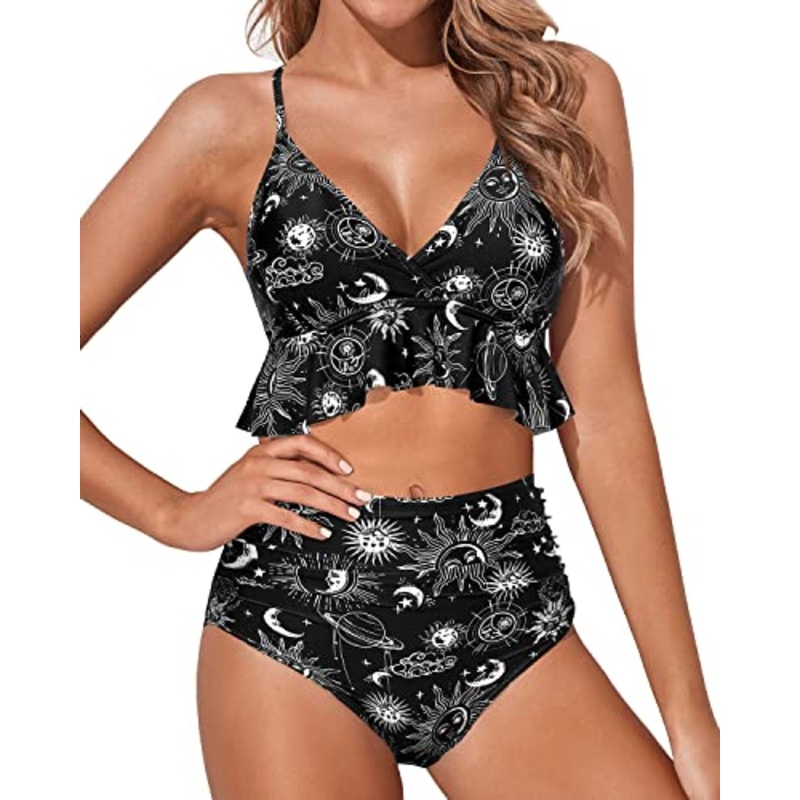 Women's Deep V Neck Two Piece Bikini Swimsuit-Black Sun And Moon