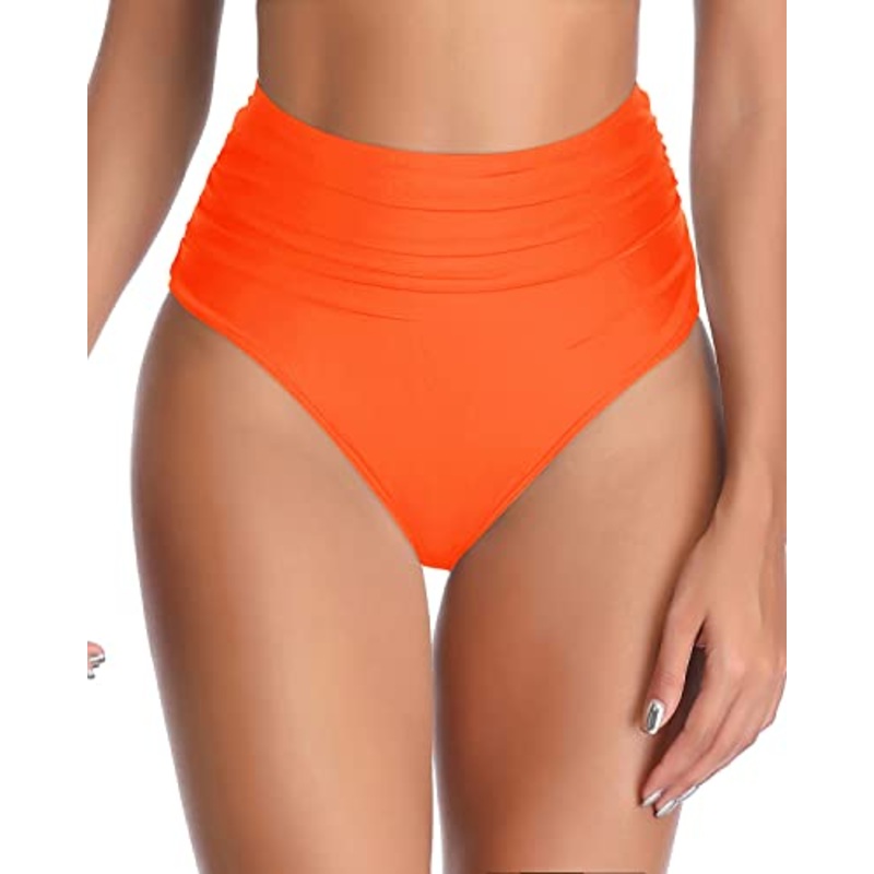 Women's Figure Flattering Pleated Bikini Bottom-Neon Orange