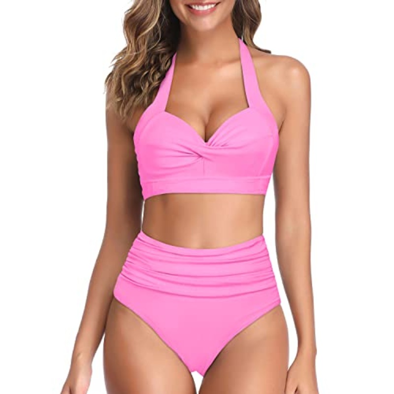 Women's Halter High Waist High Leg Bikini Swimsuit-Light Pink