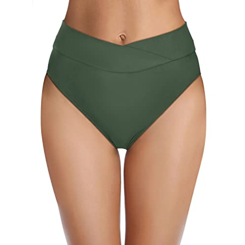 Women's High Waisted V Cut Cheeky Bikini Bottoms-Olive Green
