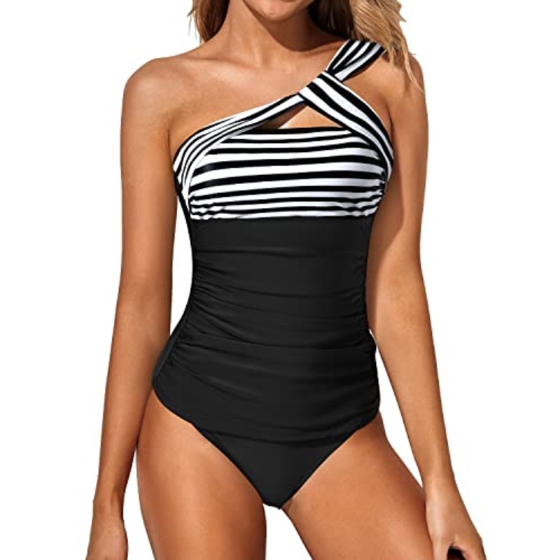 Women's Ruched Tankini Swimsuit One Shoulder Top & Shorts-Black And White Stripe