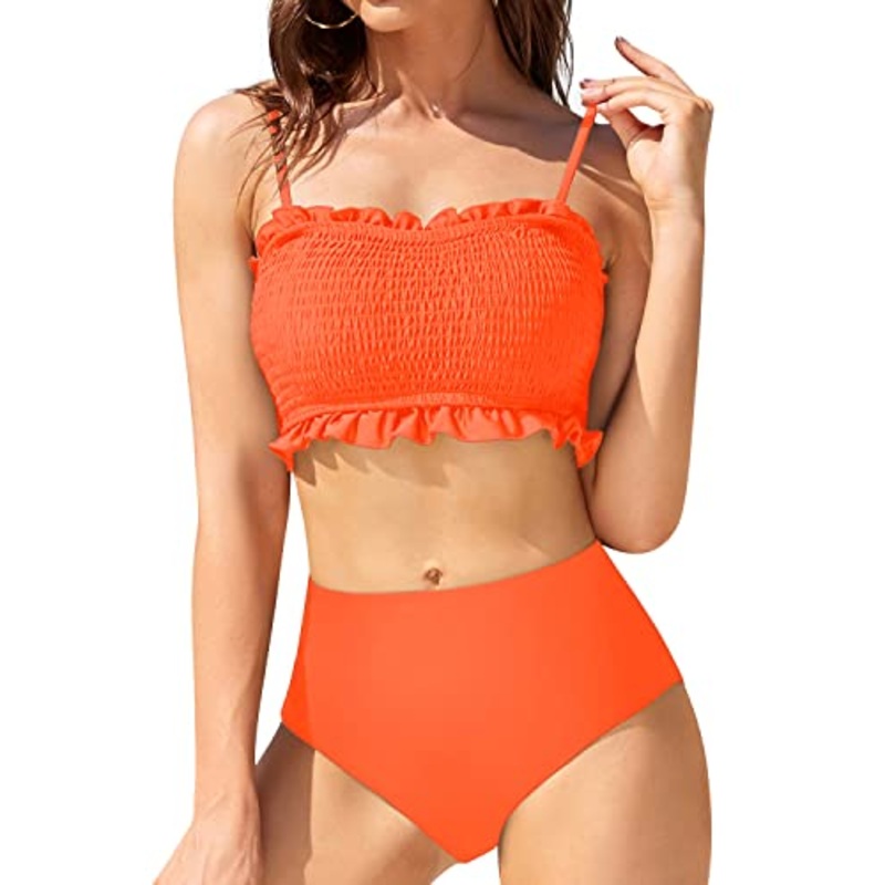 Women's Sexy Two Piece Bandeau Bikini Ruffled Bikini-Neon Orange
